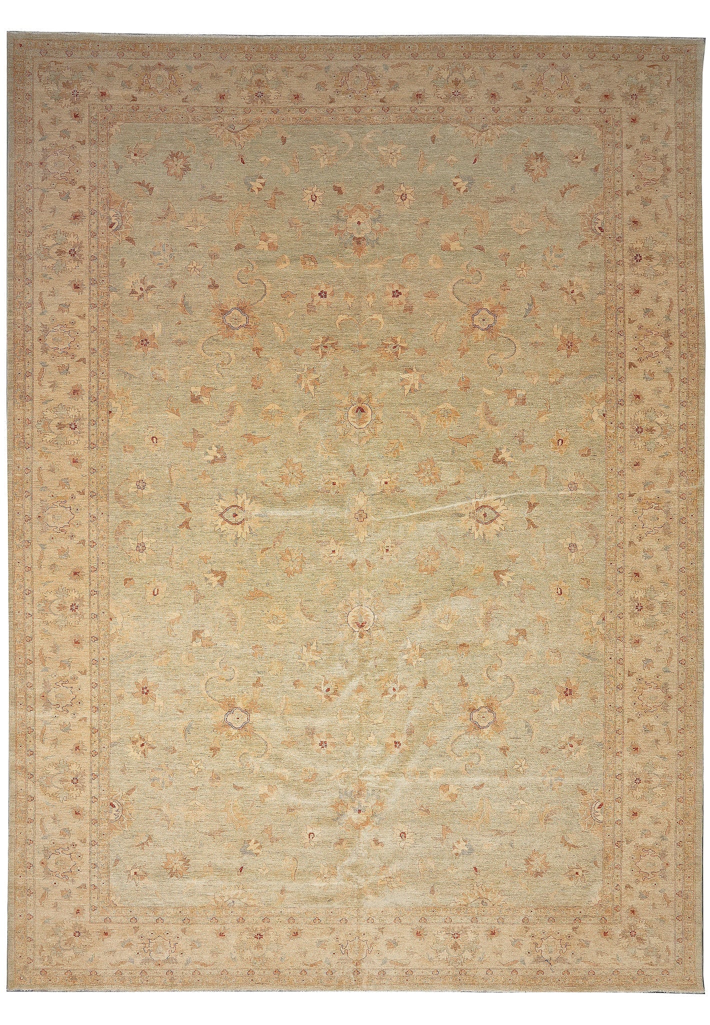 14 x 19.7 Light Green Chobi Peshawar Hand-Knotted Wool Rug: 14 x 19.7 Light Green Chobi Peshawar Hand-Knotted Wool Rug Free continental US Shipping This rectangular area rug is described as a 14 x 19.7 light green natural wool Chobi Peshawar rug. It is hand-kn