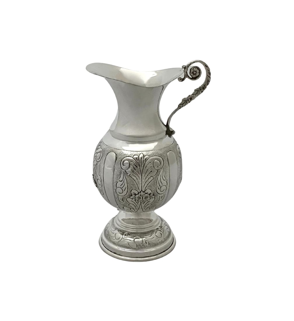 Handmade 925 Sterling Silver Oil Pitcher with Chased Swirl Design: Handmade 925 Sterling Silver Oil Pitcher with Chased Swirl Design This exquisite oil pitcher is crafted from fine 925 sterling silver, showcasing a stunning handmade chased swirl ornate design. Its