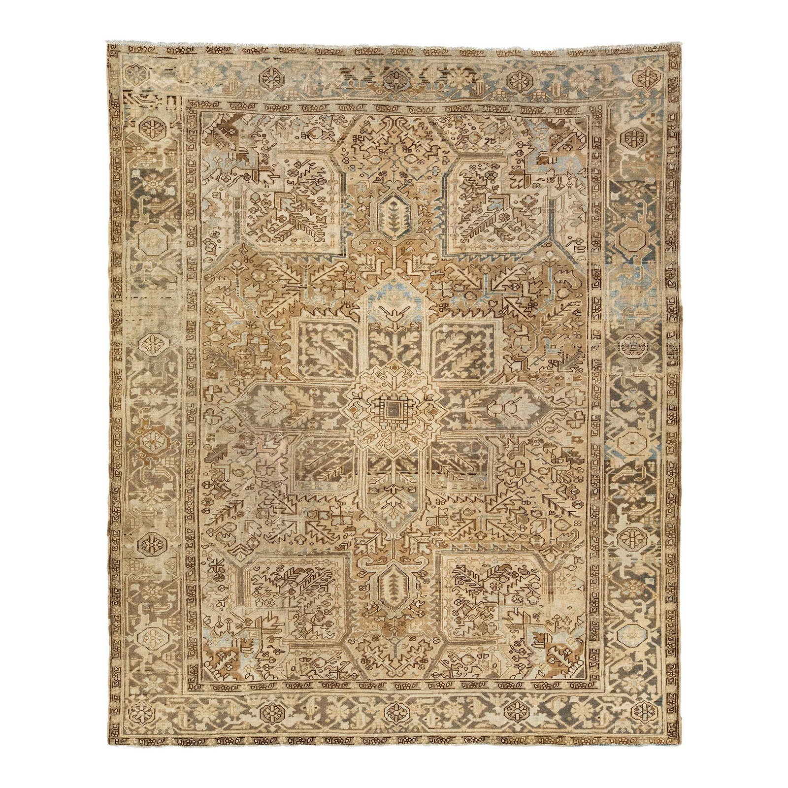 1920s Persian Heriz Antique Wool Rug 8'5 x 10'3 Light Brown: 1920s Persian Heriz Antique Wool Rug 8'5 x 10'3 Light Brown Discover the elegance of this antique Persian Heriz rug, handcrafted from luxurious wool. Featuring a stunning all-over design in a harmonio
