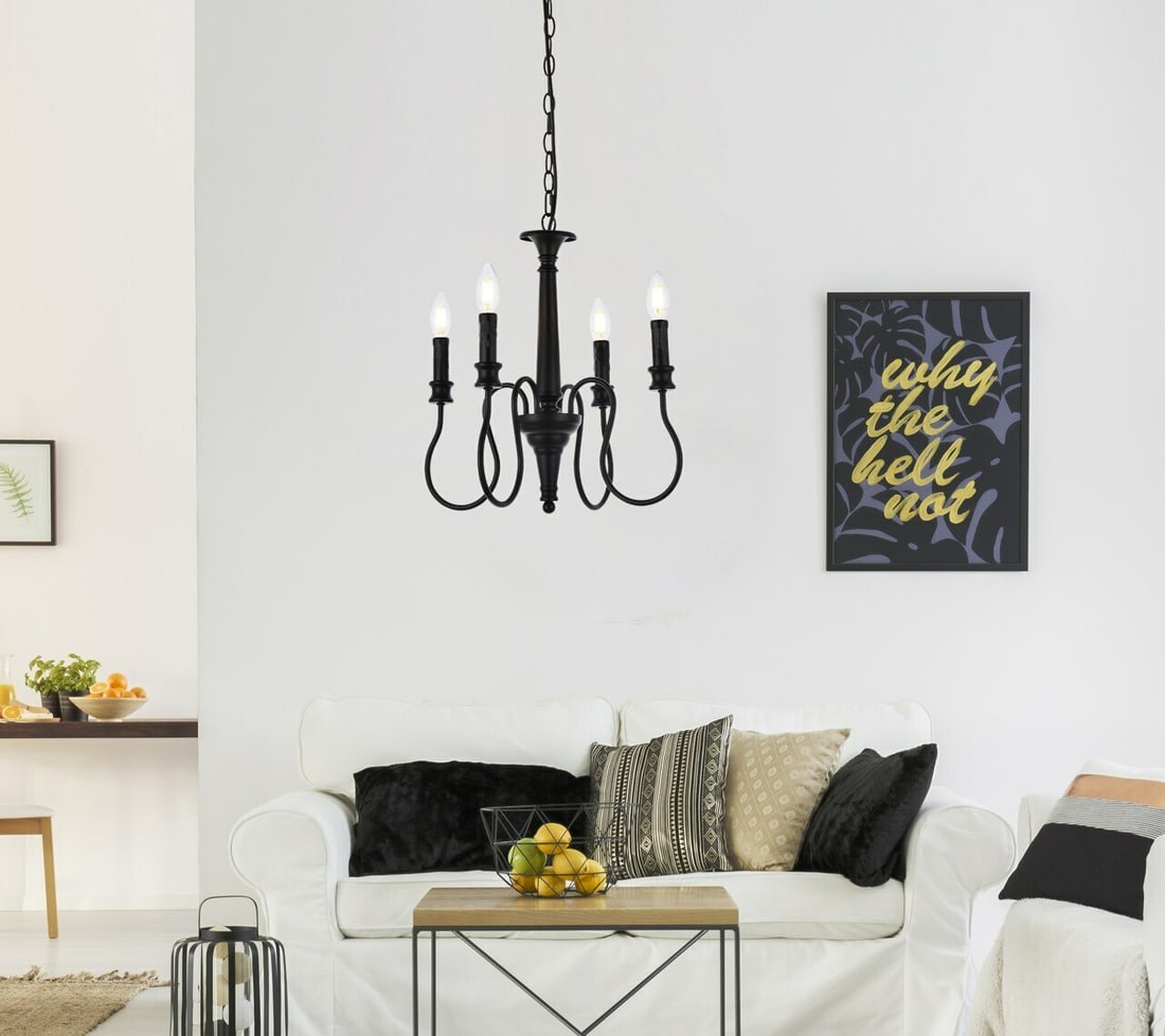 Flynx 4 Light Black Metal Chandelier 17 Inch: Flynx 4 Light Black Metal Chandelier 17 Inch This modern farmhouse chandelier features a black finish and a classic candlestick design, making it suitable for various indoor spaces such as the dining 