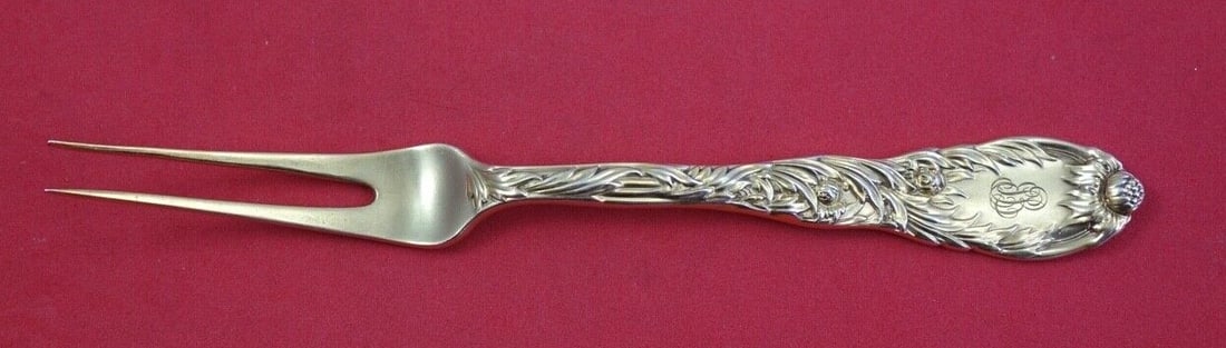 Chrysanthemum Vermeil Sterling Silver Fruit Fork by Tiffany 6 1/4 Inch: Chrysanthemum Vermeil Sterling Silver Fruit Fork by Tiffany 6 1/4 Inch This is a Tiffany & Co. Chrysanthemum Vermeil 2-tine fruit fork crafted from sterling silver with a complete gold wash finish. Th