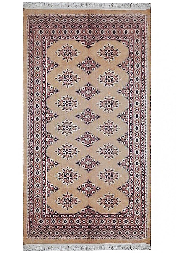 Hand-Knotted 3.1 x 5 Beige Jaldar Bokhara Area Rug: Hand-Knotted 3.1 x 5 Beige Jaldar Bokhara Area Rug Free continental US Shipping Introducing a 3' x 5' Beige Jaldar Bokhara Area Rug, a perfect blend of tradition and elegance. This meticulously handcr