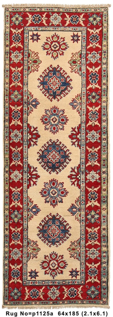 Kazak Beige Hand-Knotted 2.1 x 6.1 ft Handmade Area Rug: Kazak Beige Hand-Knotted 2.1 x 6.1 ft Handmade Area Rug Free continental US Shipping Transform your living space with the exquisite 2.1 x 6.1 Kazak Beige Canvas of Intricacy Handmade Rug. This stunnin
