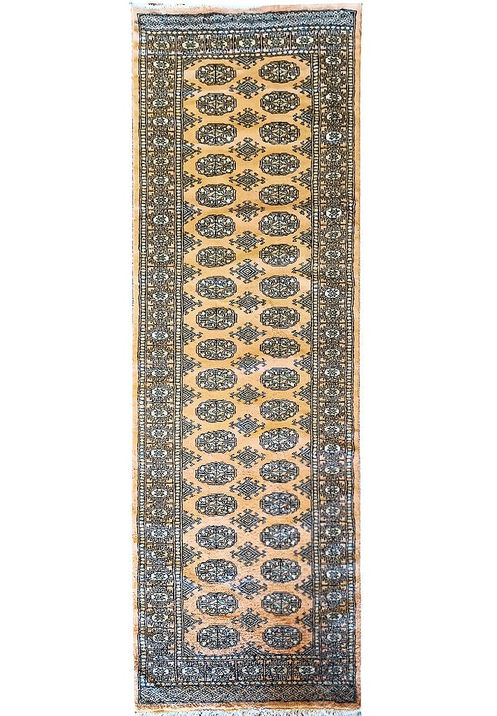 Bokara 2.6 x 8.1 Hand-Knotted Gold Wool Area Rug: Bokara 2.6 x 8.1 Hand-Knotted Gold Wool Area Rug Free continental US Shipping Transform your living space with the luxurious 8' Bokara Rug, meticulously hand-knotted from the finest wool. This exquisi