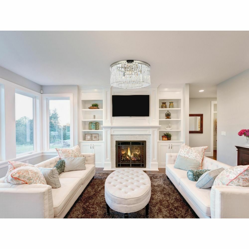 Sydney 31.5 in Crystal Flush Mount 8 Light Polished Nickel: Sydney 31.5 in Crystal Flush Mount 8 Light Polished Nickel Contemporary flush mount chandelier from the Sydney collection featuring clear crystals and a polished nickel finish. This hardwired 8-light 