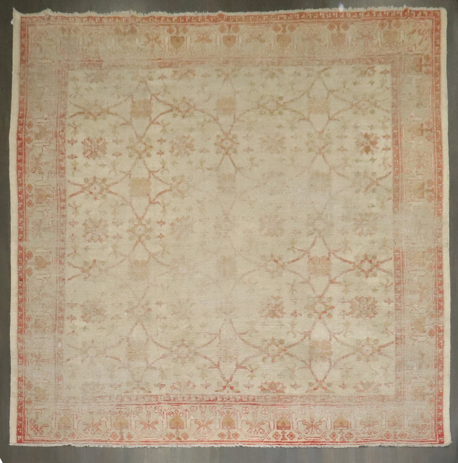 12' 4" x 13' 10" Turkish Oushak Ghiordes Square Rug: 12' 4" x 13' 10" Turkish Oushak Ghiordes Square Rug Late 19th century square Turkish Oushak Ghiordes rug with an oversize format. The design features a floral pattern with a decorative border, and it 