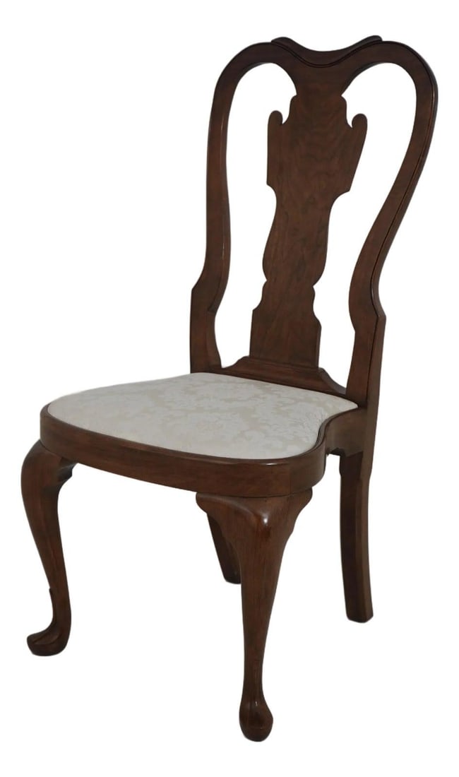 Handcrafted Walnut Queen Anne Side Chair with Damask Upholstery (1 of 10)