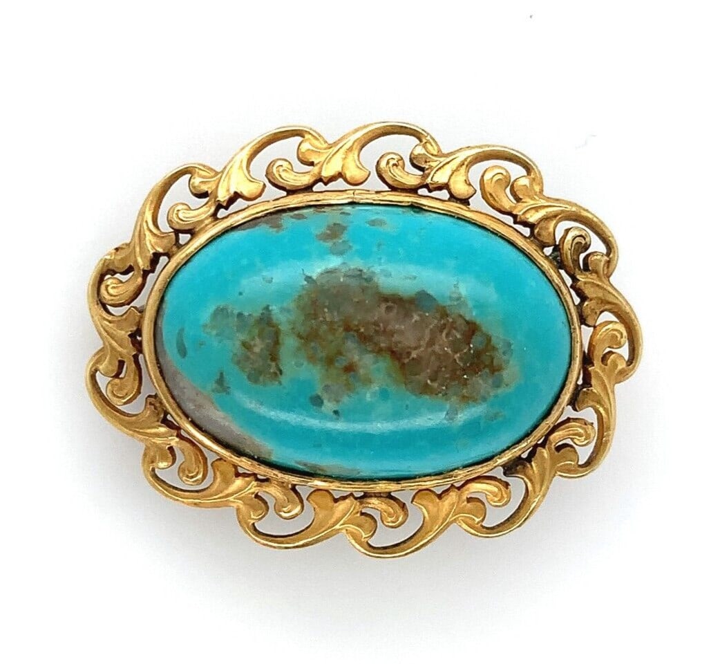 Antique 14k Yellow Gold Pin with Oval Turquoise and Leaf Border (1 of 6)