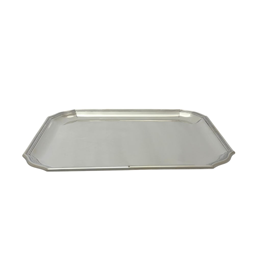 Puiforcat French 925 Sterling Silver Rectangular Serving Tray: Puiforcat French 925 Sterling Silver Rectangular Serving Tray Antique French Puiforcat rectangular tray in 925 sterling silver with a handmade form, shaped corners, molded rim design, and a shiny slee