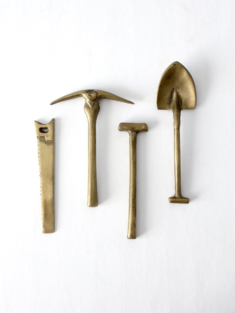 Mid-Century Brass Mini Tool Set Shovel Pick-Axe Saw Mallet (1 of 8)