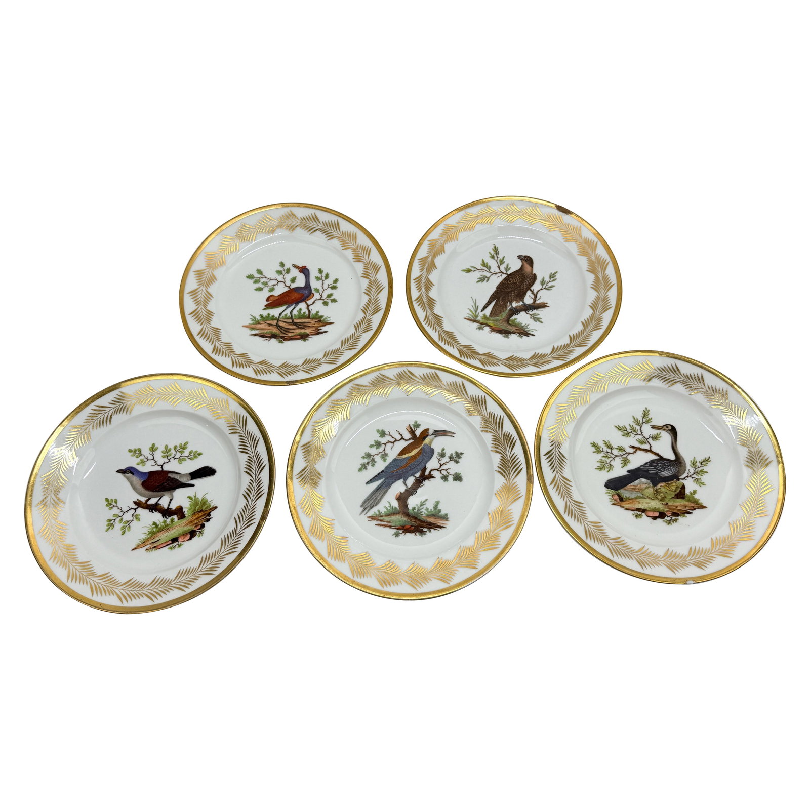 Set of 5 French Nast Factory Ornithological Dessert Plates C. 1815: Set of 5 French Nast Factory Ornithological Dessert Plates C. 1815 This exquisite set of five French porcelain dessert plates from the renowned Nast Factory, Paris, dates back to circa 1815. Each plat