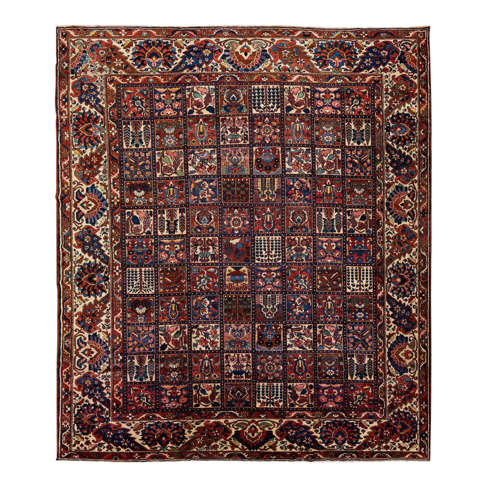 Antique Bakhtiari Multicolor Wool Rug 13'5 x 15'7 Hand-Knotted: Antique Bakhtiari Multicolor Wool Rug 13'5 x 15'7 Hand-Knotted Discover the timeless elegance of this Antique Bakhtiari hand-knotted wool rug, featuring a stunning multicolor field and a classic all-o
