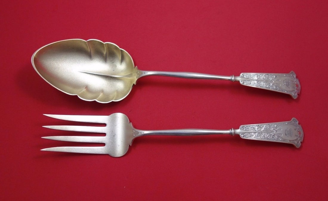Wendt Arabesque Sterling Silver Salad Serving Set 2pc with Crown Monogram: Wendt Arabesque Sterling Silver Salad Serving Set 2pc with Crown Monogram Presenting a stunning 2-piece salad serving set from the renowned Wendt brand, crafted in sterling silver with a sophisticated