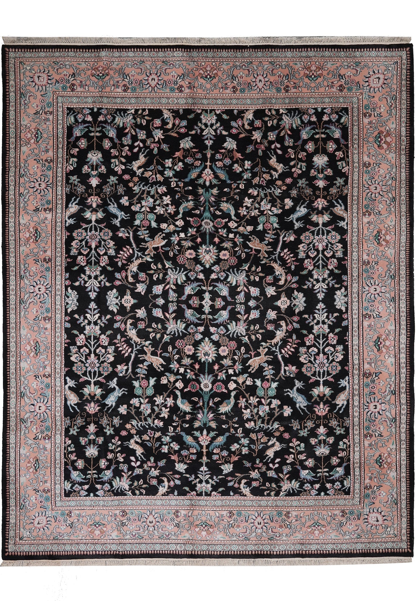 7.9 x 9.6 Paradise Birds Handmade Wool Rug Black: 7.9 x 9.6 Paradise Birds Handmade Wool Rug Black Free continental US Shipping This handmade wool rug features a Paradise Birds design with a dramatic black field. Hand-knotted by skilled artisans, it 