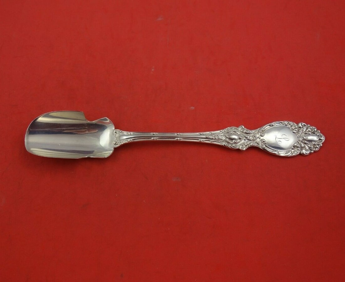 Wallace Lucerne Sterling Silver Cheese Scoop 7 7/8 Original: Wallace Lucerne Sterling Silver Cheese Scoop 7 7/8 Original Sterling silver cheese scoop in the Lucerne pattern by Wallace. This original serving piece measures 7 7/8 inches and is monogrammed, with m