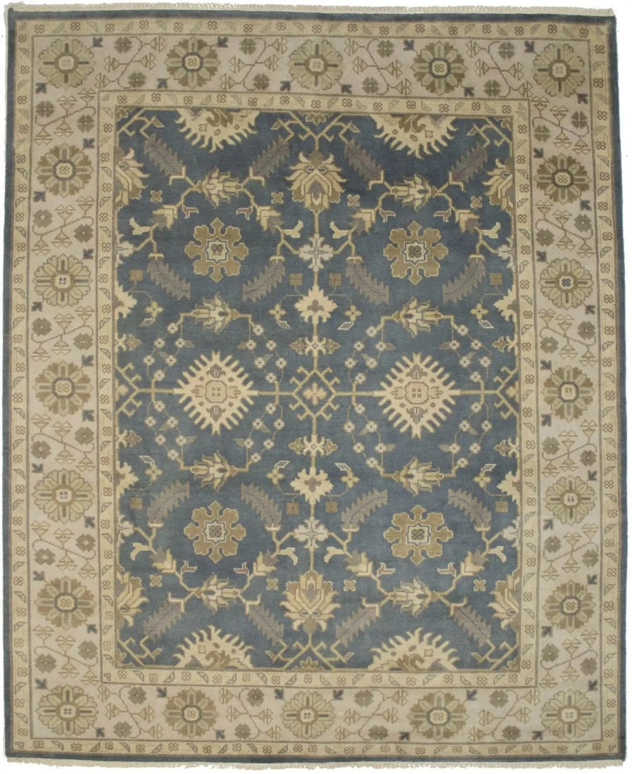 8'0 x 9'9 Hand-Knotted Wool Area Rug with Gray Floral Pattern: 8'0 x 9'9 Hand-Knotted Wool Area Rug with Gray Floral Pattern This handmade Oushak Chobi area rug features a gray floral design with muted shades of blue-gray, beige, and khaki. Crafted from wool usin