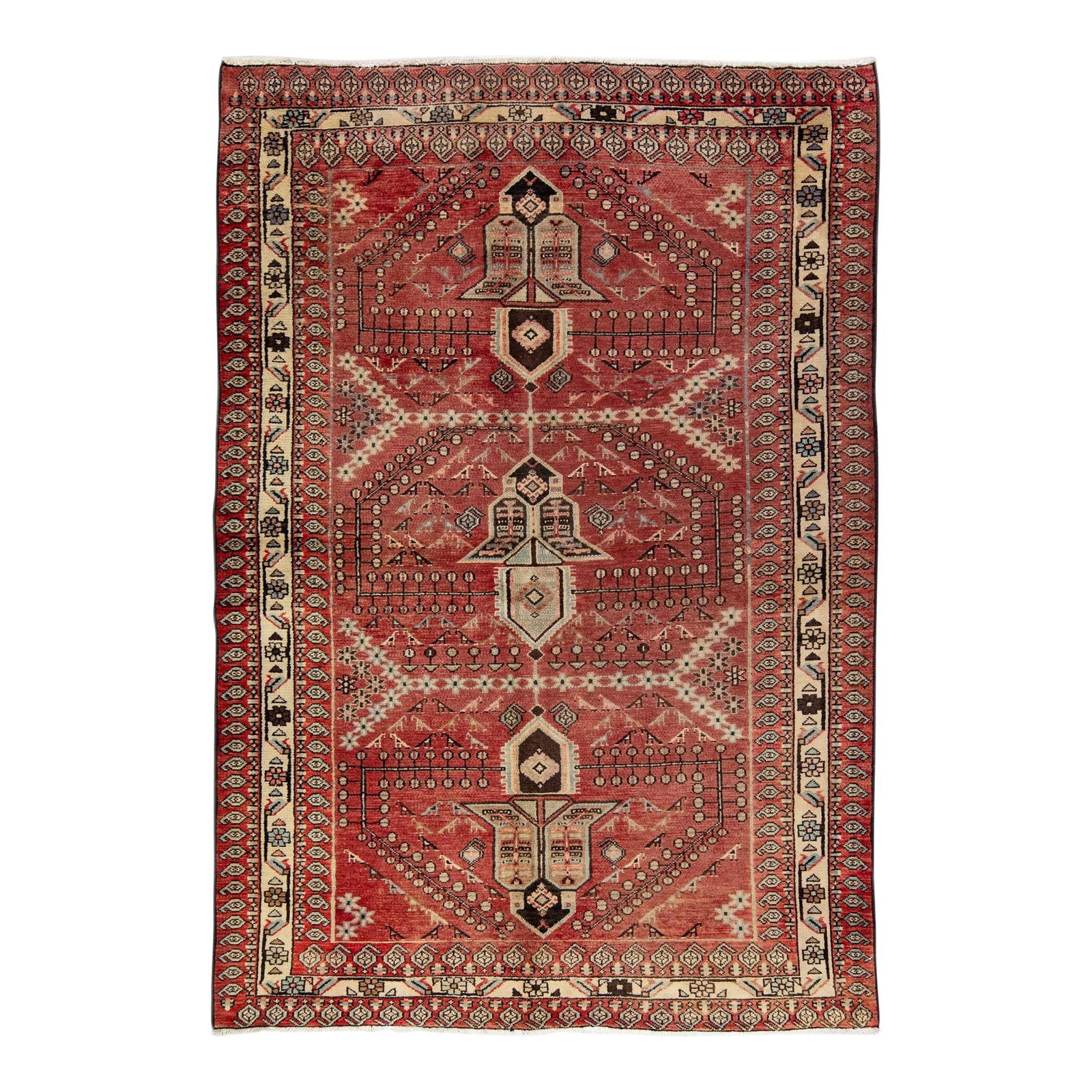 Vintage Handmade Persian Wool Rug Red Geometric 4'2" x 6'4": Vintage Handmade Persian Wool Rug Red Geometric 4'2" x 6'4" This beautiful vintage Persian rug features a hand-knotted wool construction with a vibrant red field and multicolored geometric accents thr