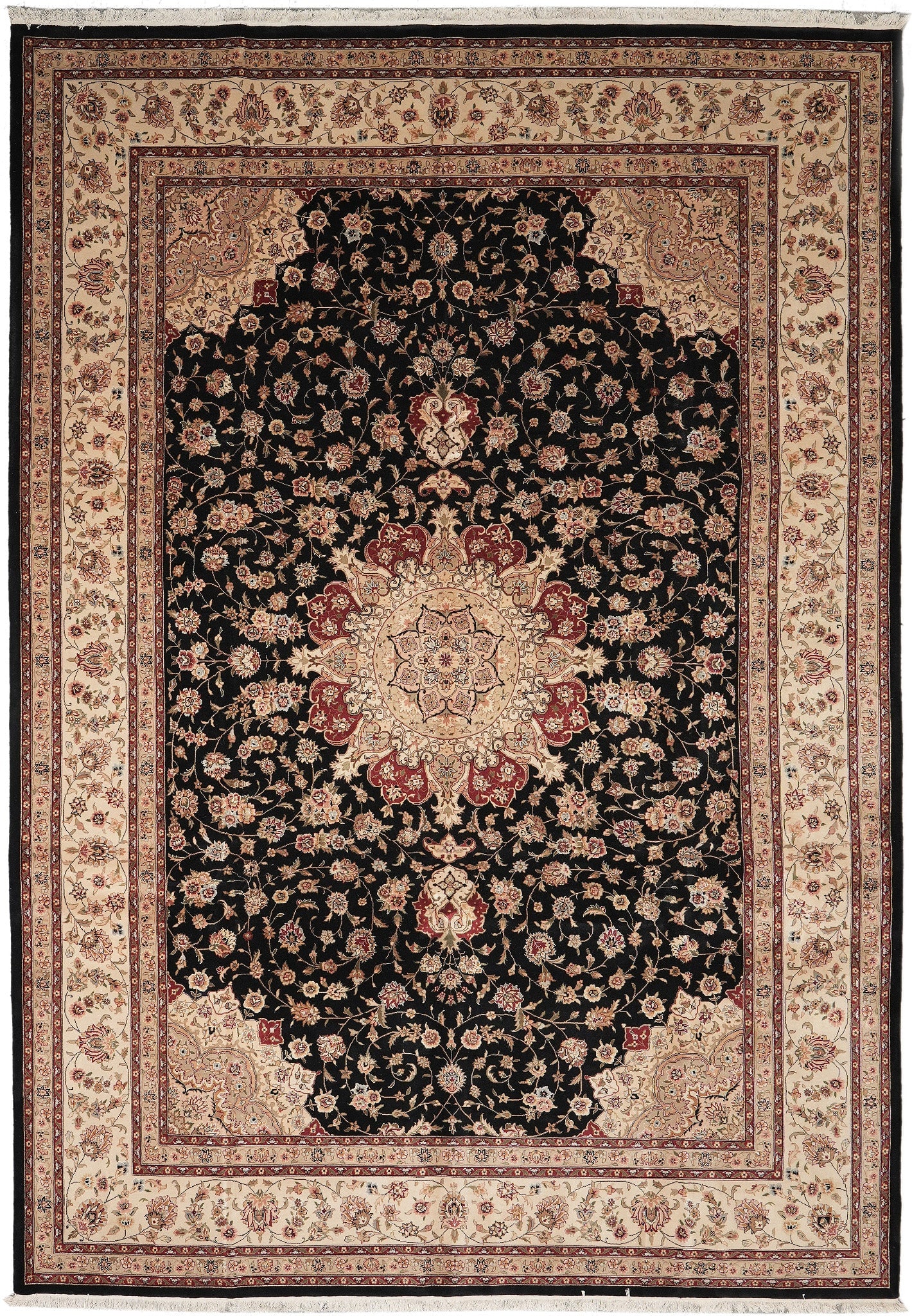9.9 x 13.9 Black Wool and Silk Hand Knotted Sino Tabriz Rug: 9.9 x 13.9 Black Wool and Silk Hand Knotted Sino Tabriz Rug Free continental US Shipping This 9.9 x 13.9 black Sino Tabriz rug is hand-knotted from a blend of high-quality wool and silk, resulting in 