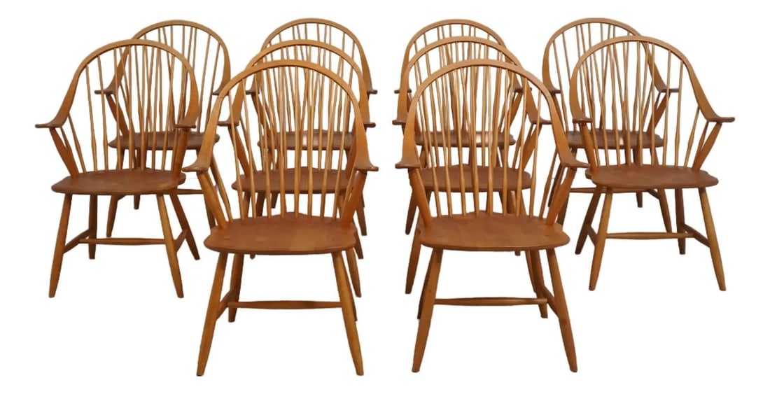 Set of 10 maple Windsor armchairs continuous arm design (1 of 10)