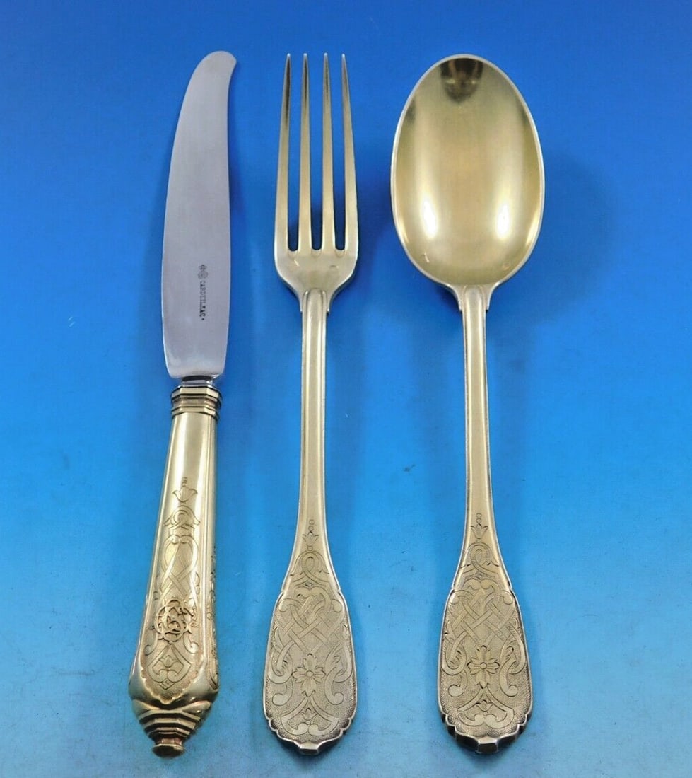 French Cardeilhac 950 Silver Vermeil Dessert Flatware Set 36 Pieces: French Cardeilhac 950 Silver Vermeil Dessert Flatware Set 36 Pieces Elevate your dining experience with this exquisite French Cardeilhac 950 Silver Vermeil Flatware Set. This stunning dessert service 