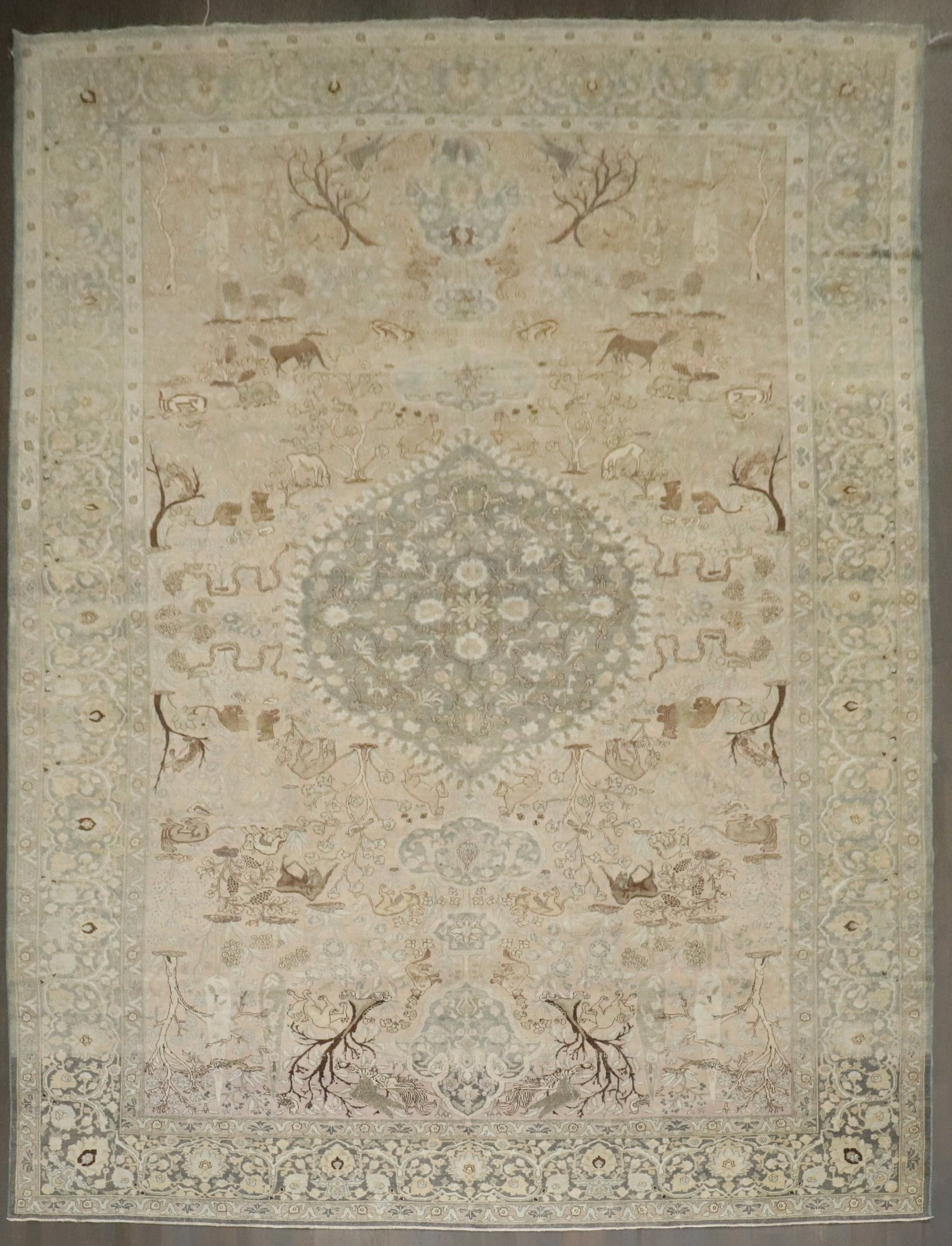11' 4" x 17' 2" Persian Tabriz pictorial animal rug: 11' 4" x 17' 2" Persian Tabriz pictorial animal rug Early 20th century Persian Tabriz pictorial animal rug in an oversize format. This pre-owned rug features a pictorial design and is identified as a 
