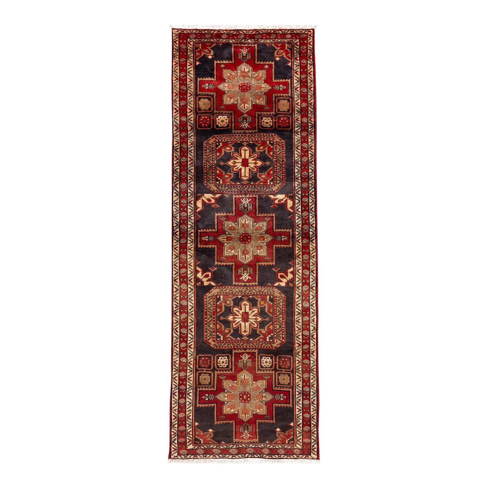 Vintage North West Persian Tribal Wool Runner 4'5 x 10' Red: Vintage North West Persian Tribal Wool Runner 4'5 x 10' Red This stunning vintage North West Persian handmade wool runner features a vibrant red field adorned with ivory, black, and gray accents, show