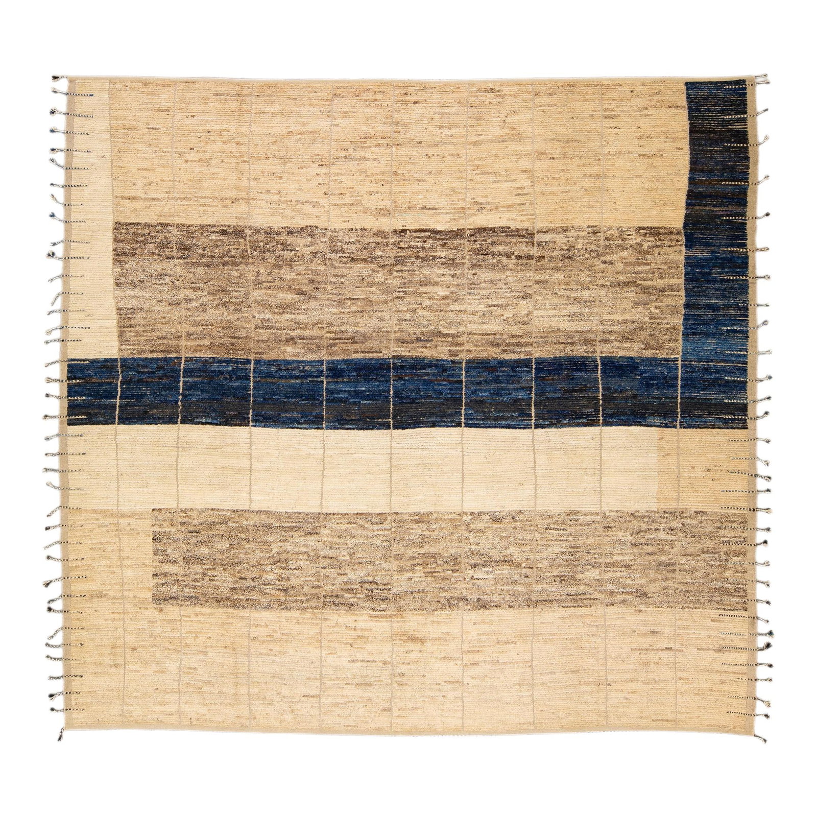 Handmade Moroccan Style Beige Wool Rug 13'5 x 14'6 Boho Design: Handmade Moroccan Style Beige Wool Rug 13'5 x 14'6 Boho Design Elevate your space with this stunning handmade Moroccan style wool rug, featuring a soft beige field adorned with brown and blue accents.