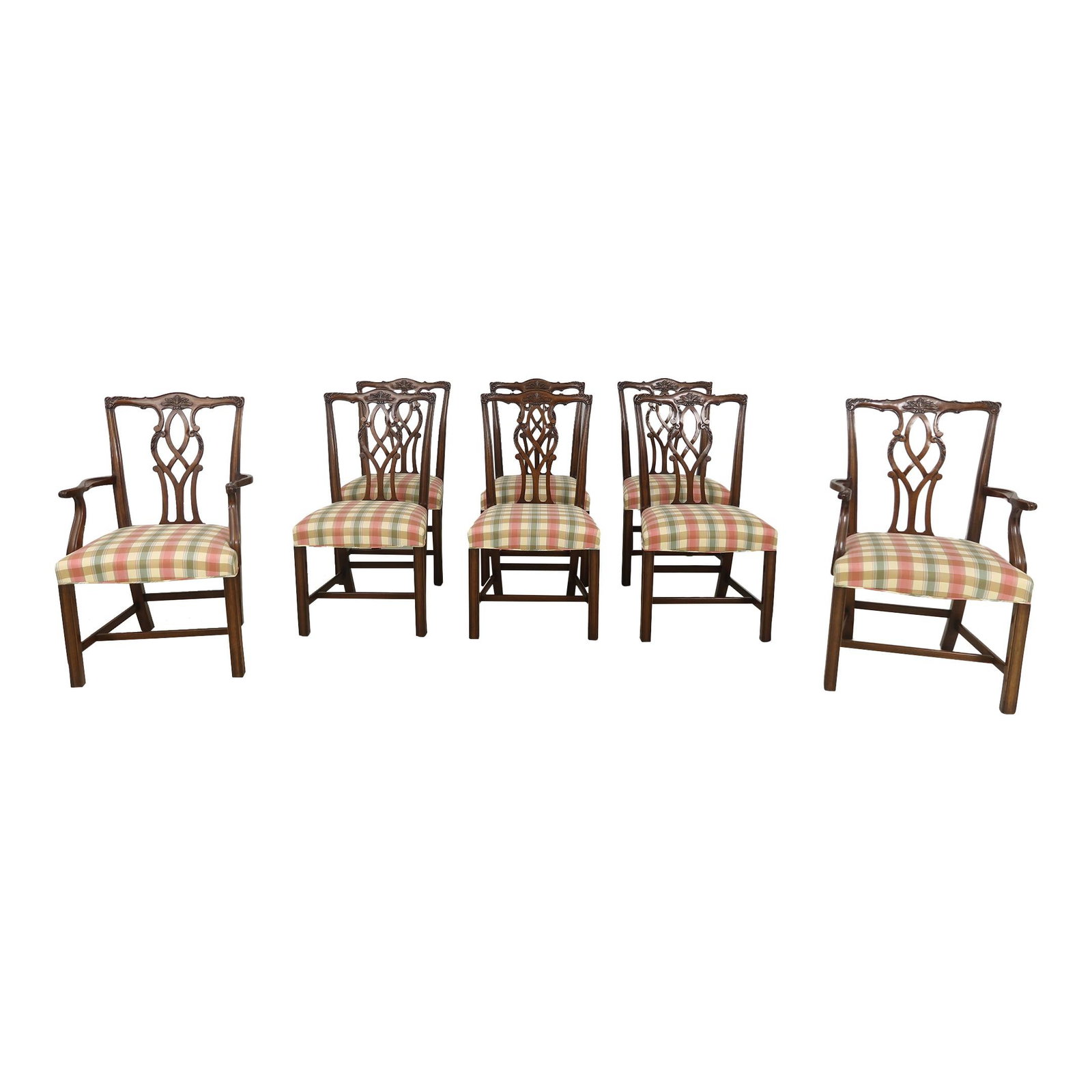 Set of 8 Chippendale Mahogany Dining Chairs Reupholstered: Set of 8 Chippendale Mahogany Dining Chairs Reupholstered This exquisite set of 8 Kindel Mahogany Chippendale dining room chairs showcases high-quality construction with a traditional Chippendale desi