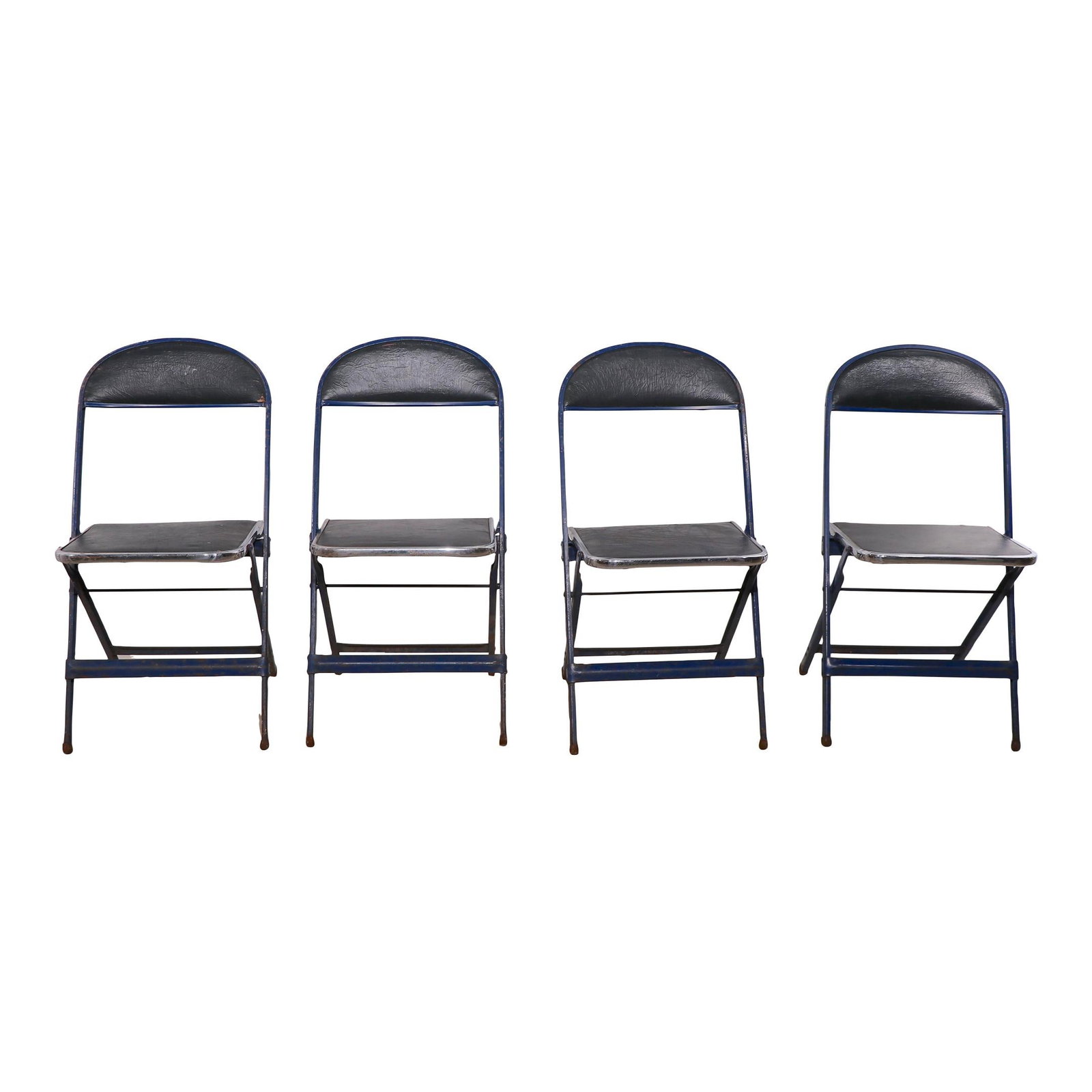 Set of 4 Vintage Cosco Folding Chairs in Blue Oilcloth Chrome Steel: Set of 4 Vintage Cosco Folding Chairs in Blue Oilcloth Chrome Steel This set of four vintage folding chairs features a striking blue oilcloth upholstery, complemented by a durable steel and chrome fra
