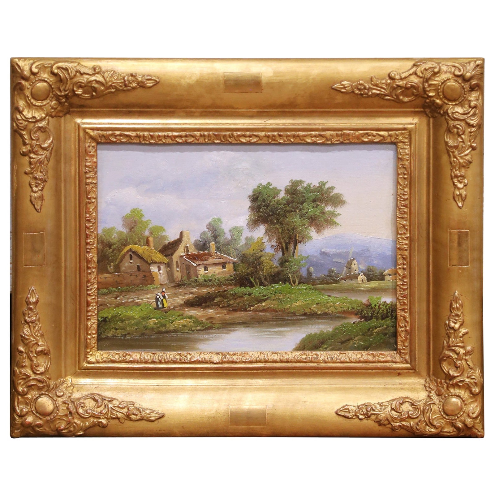 Barbizon School French Landscape Oil Painting Giltwood Frame: Barbizon School French Landscape Oil Painting Giltwood Frame This late 19th-century French Barbizon School oil painting captures a serene country landscape featuring rustic cottages, a winding river, 