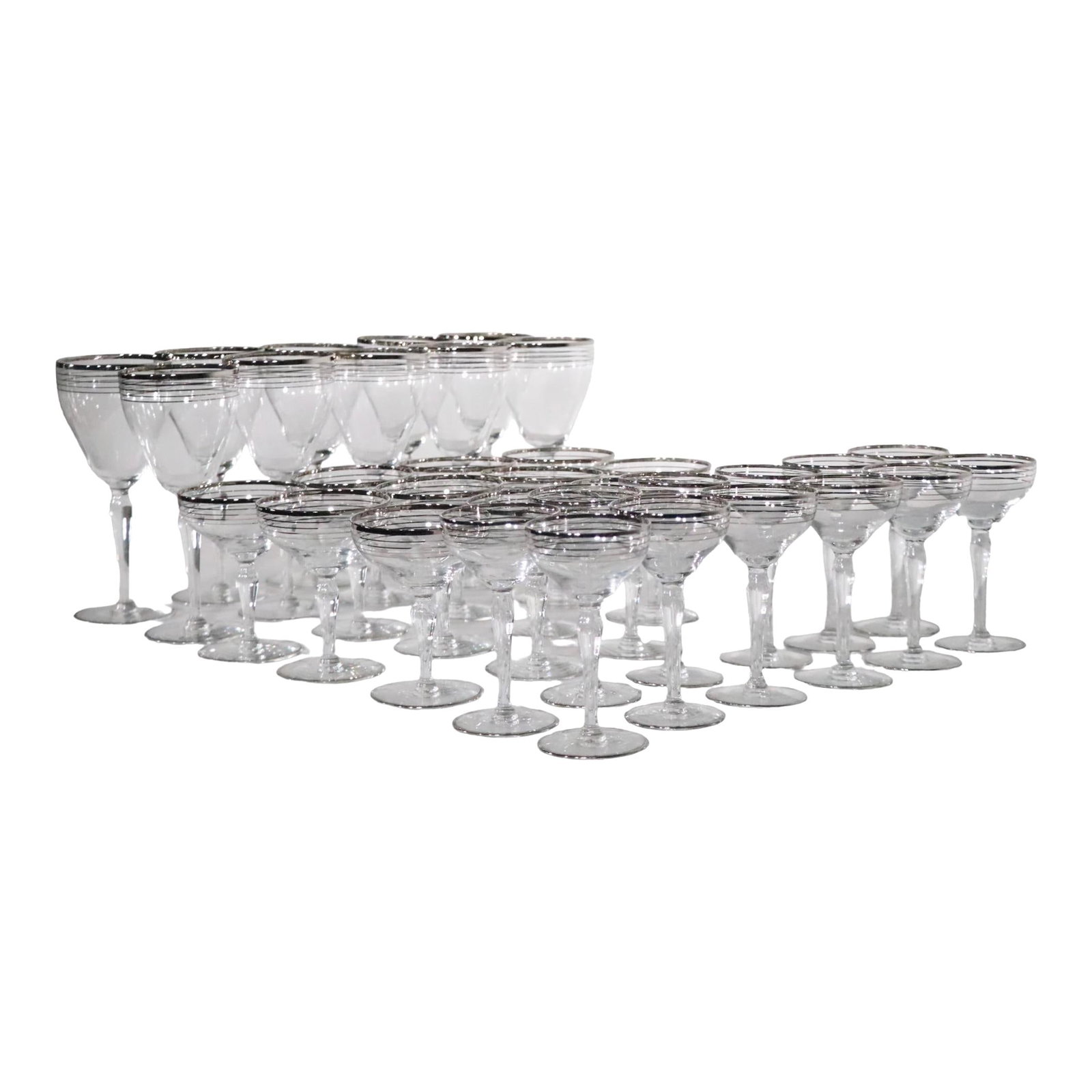 Elegant 33 Piece Silver Band Stemware Set After Dorothy Thorpe 1950s (1 of 10)