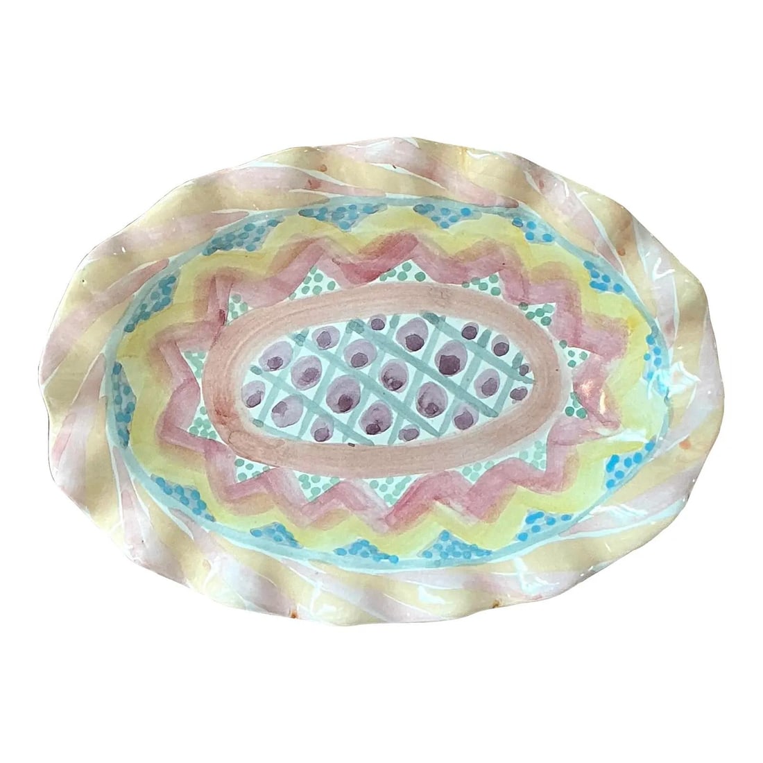 Ruffled Oval Ceramic Serving Platter with Hand-Painted Pastel Design (1 of 5)