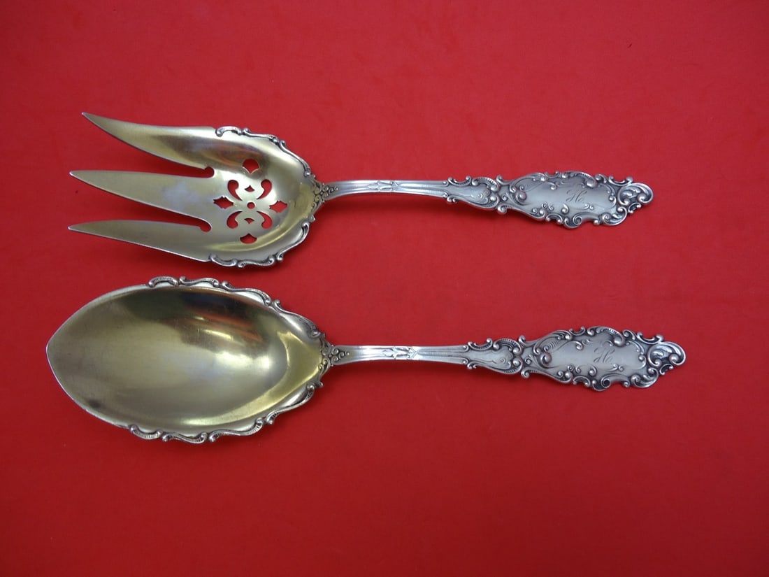 Gorham Luxembourg Sterling Silver Salad Serving Set 2pc Goldwashed 8.5": Gorham Luxembourg Sterling Silver Salad Serving Set 2pc Goldwashed 8.5" This exquisite two-piece salad serving set from Gorham features a stunning goldwashed finish in the elegant Luxembourg pattern. 