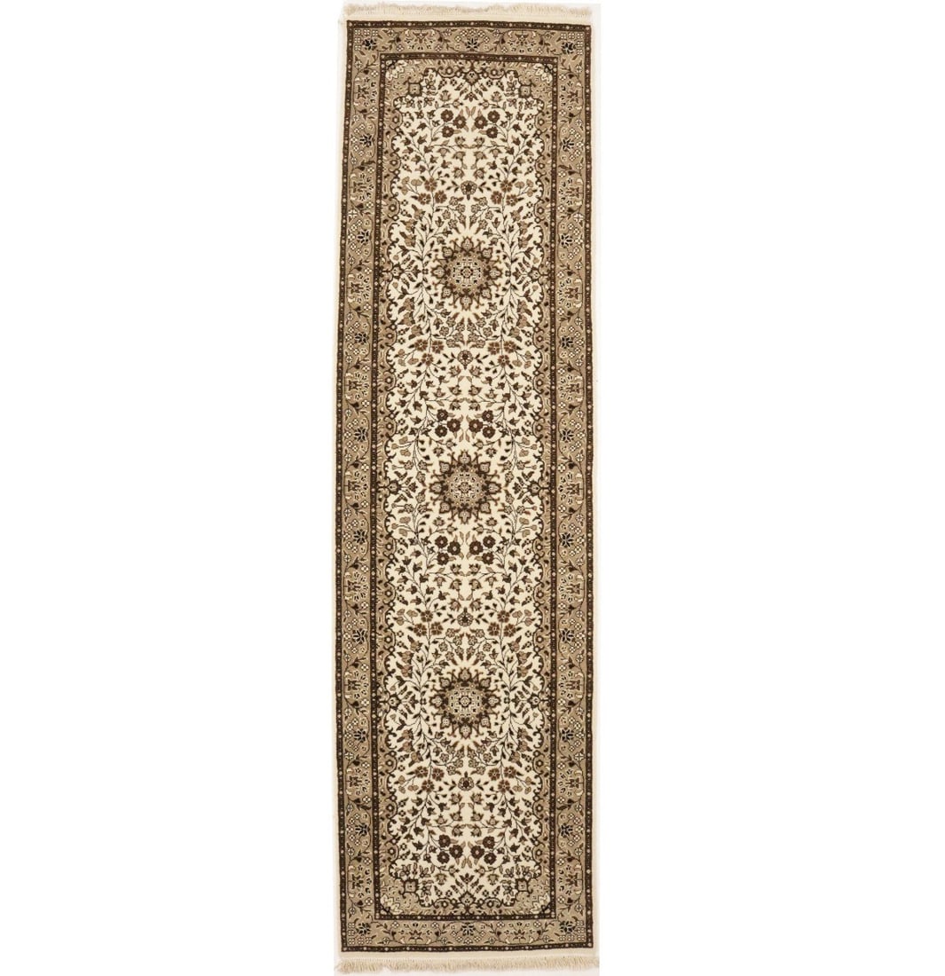Kirman Wool Hand Knotted Floral Medallion Runner Rug 2'8 x 9'10: Kirman Wool Hand Knotted Floral Medallion Runner Rug 2'8 x 9'10 Enhance your space with this exquisite hand-knotted Kirman runner rug, featuring a stunning floral medallion design. Measuring 2'8" x 9'