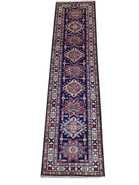 2.6 x 9.5 Royal Blue Handmade Super Kazak Rug with Geometric Motifs: 2.6 x 9.5 Royal Blue Handmade Super Kazak Rug with Geometric Motifs Free continental US Shipping Enhance your living space with this exquisite 2.6 x 9.5 Royal Blue Handmade Super Kazak Pattern Rug. Ha