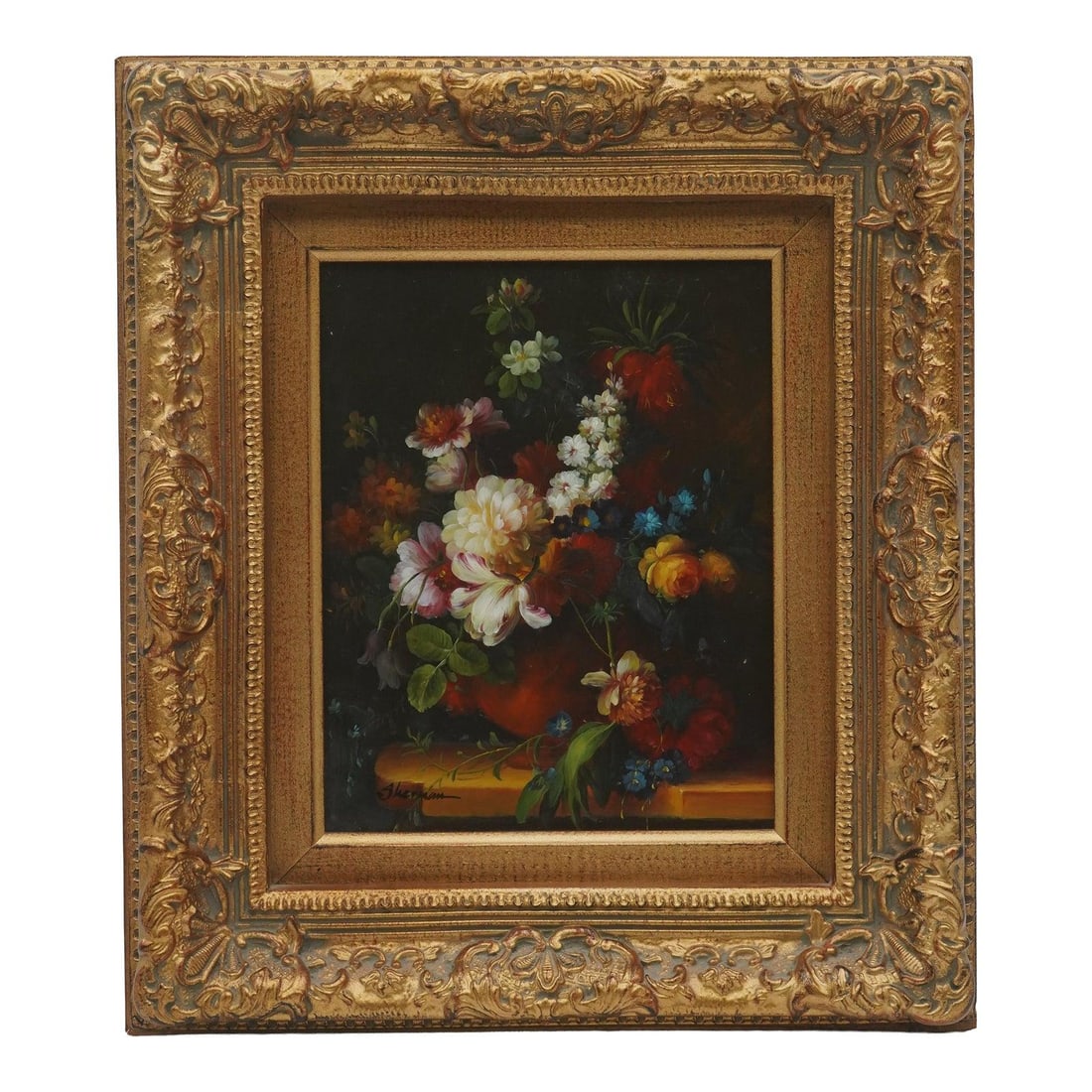 Signed Floral Still Life Oil Painting on Board by Sherman (1 of 10)