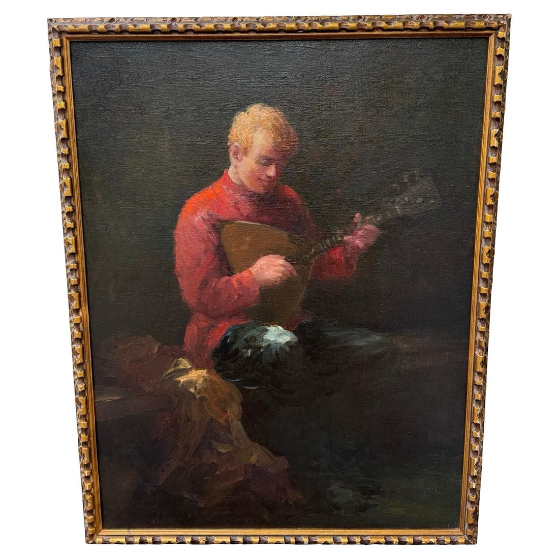 Vladimir Lazarev The Ballad Impressionist Oil on Canvas 36.5 x 28.25 Mid-Century Modern: Vladimir Lazarev The Ballad Impressionist Oil on Canvas 36.5 x 28.25 Mid-Century Modern This captivating oil on canvas by Vladimir Volodia Lazarev features a solitary young musician immersed in the se