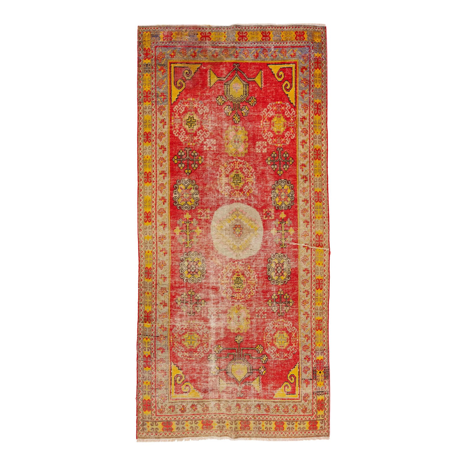 Antique Turkish Khotan Red Wool Runner 4'1 x 8'6 Floral Motif: Antique Turkish Khotan Red Wool Runner 4'1 x 8'6 Floral Motif Enhance your space with this exquisite 1920s Antique Turkish Khotan Handmade Red Wool Runner. Featuring a vibrant red field, this hand-kno