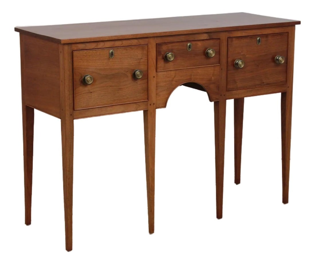 Walnut Huntboard Sideboard 3 Drawers Colonial Williamsburg Style 56w x 19.5d x 40.5h: Walnut Huntboard Sideboard 3 Drawers Colonial Williamsburg Style 56w x 19.5d x 40.5h Bench made walnut huntboard sideboard with three drawers and a hand-crafted Colonial Williamsburg style design. Fea