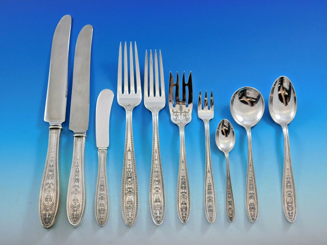 International Sterling Silver Wedgwood Flatware Set 128 pcs Service for 12: International Sterling Silver Wedgwood Flatware Set 128 pcs Service for 12 This exquisite Wedgwood flatware set by International Sterling is a stunning addition to any dining experience. Crafted from 