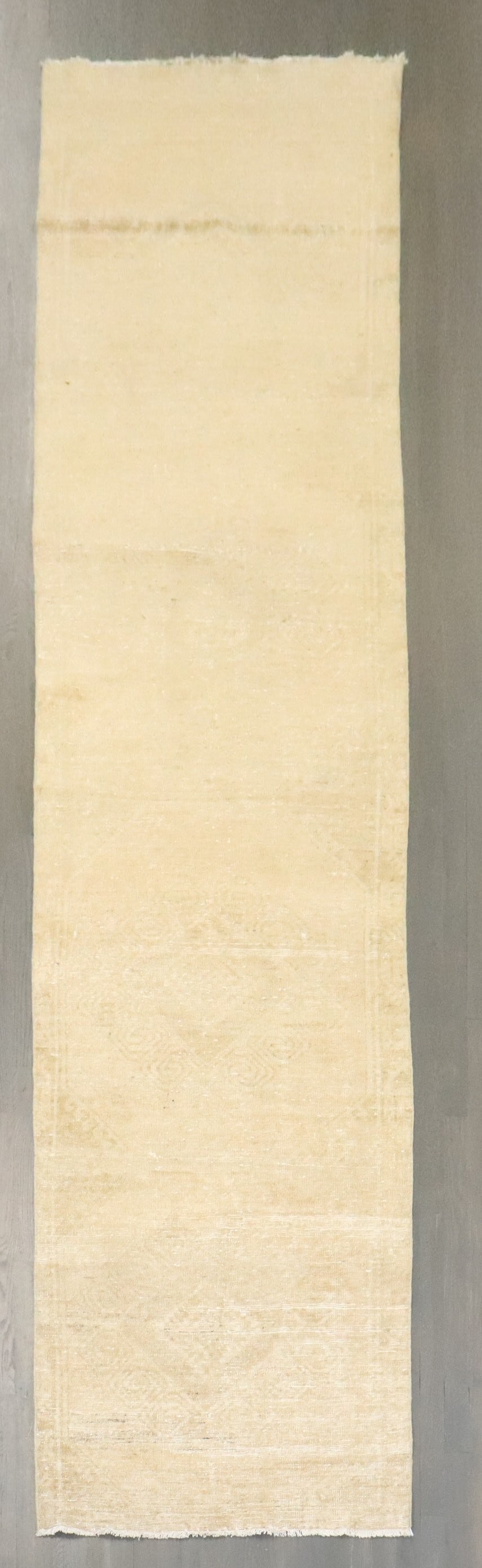 3' x 12' 3" Turkish Oushak Runner Rug: 3' x 12' 3" Turkish Oushak Runner Rug Pale, worn Turkish Oushak runner from the mid-20th century with a softly faded look and a barely visible tribal pattern. Its aged appearance suits Anatolian and s