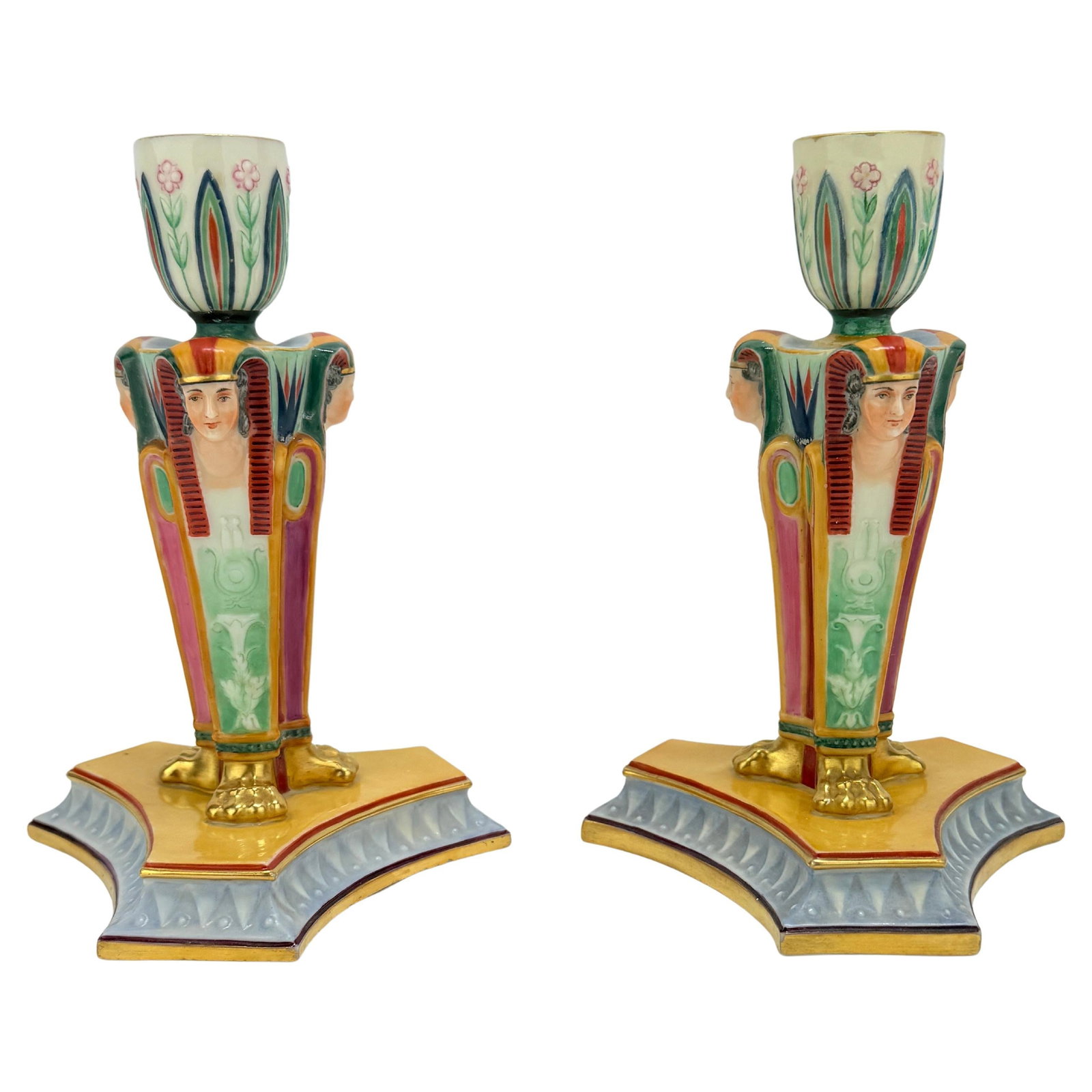 Kerr & Binns Worcester Egyptian Revival Candlesticks Set of 2 Circa 1852 (1 of 9)