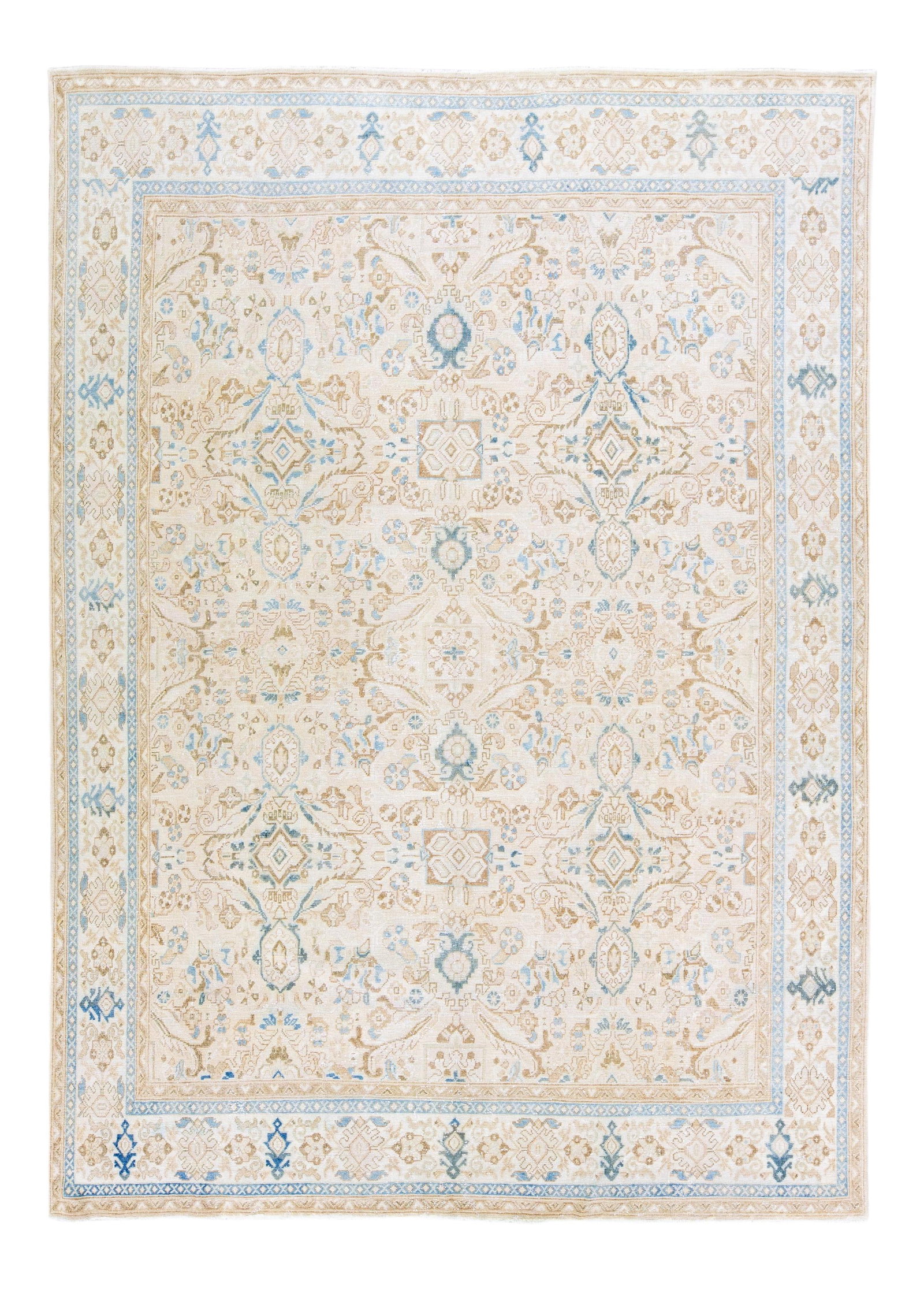Antique Mahal Handmade Floral Wool Rug 9'3" x 13' Beige: Antique Mahal Handmade Floral Wool Rug 9'3" x 13' Beige This exquisite hand-knotted antique Mahal wool rug features a beautiful beige field adorned with blue and tan accents, showcasing a traditional 