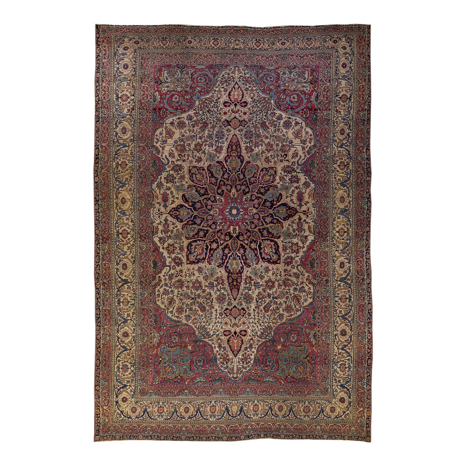 Antique Kerman Handmade Wool Medallion Rug 14'1" x 21'7" Red: Antique Kerman Handmade Wool Medallion Rug 14'1" x 21'7" Red Discover the elegance of this Antique Kerman hand-knotted wool rug, featuring a striking red and beige field adorned with blue and brown ac