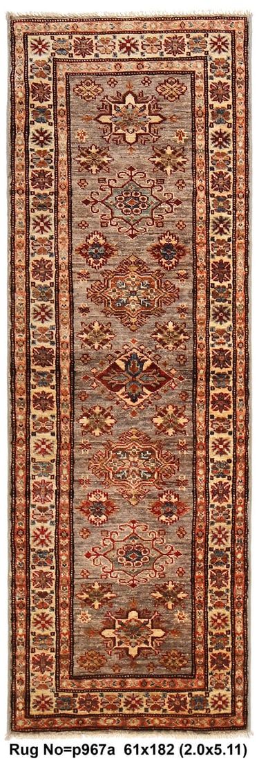 2' x 6' Super Kazak Runner Rug Sage Gray Green Silky Wool Handmade: 2' x 6' Super Kazak Runner Rug Sage Gray Green Silky Wool Handmade Free continental US Shipping Introducing a stunning 2' x 6' runner rug in Sage Gray Green, handcrafted from luxurious silky wool.