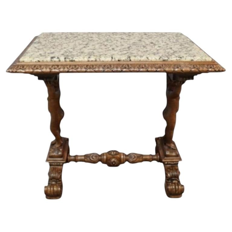 c1900 Carved Walnut Side Table with Cherub Supports Marble Top (1 of 11)
