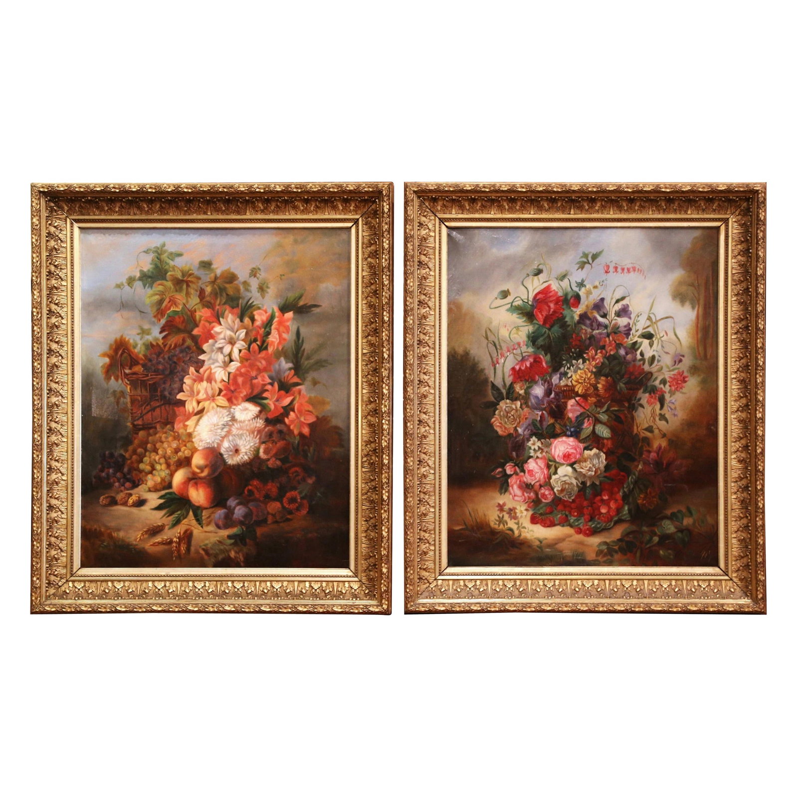 Set of Two Antique French Floral Oil Paintings in Ornate Giltwood Frames (1 of 10)