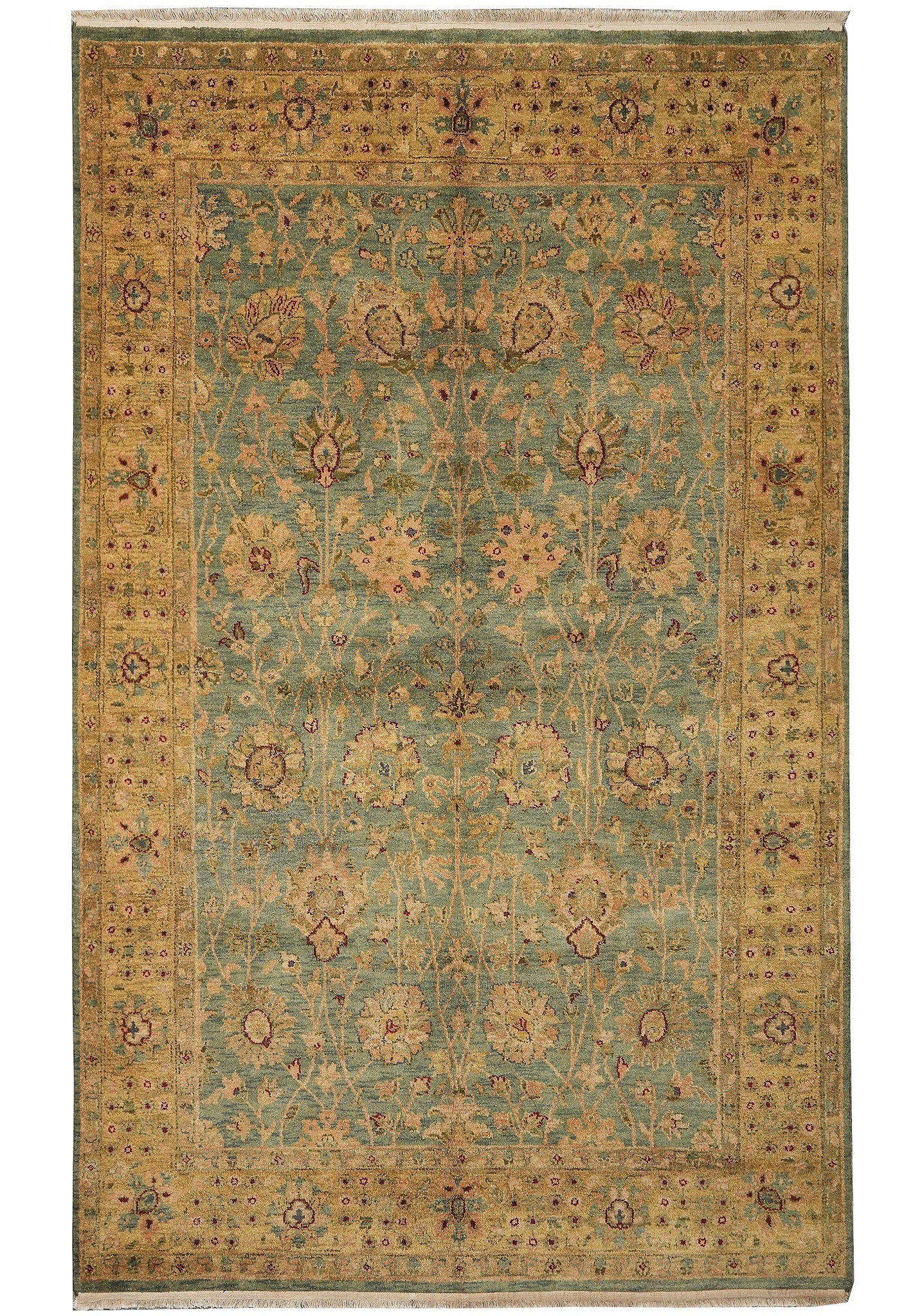 6 x 9 Green Gold Hand-Knotted Jaipur Rug: 6 x 9 Green Gold Hand-Knotted Jaipur Rug Free continental US Shipping Hand-knotted Jaipur rug in a green and gold color palette. Condition is un-used. Specifications Item Type: Rug Style/Origin: Jaipu