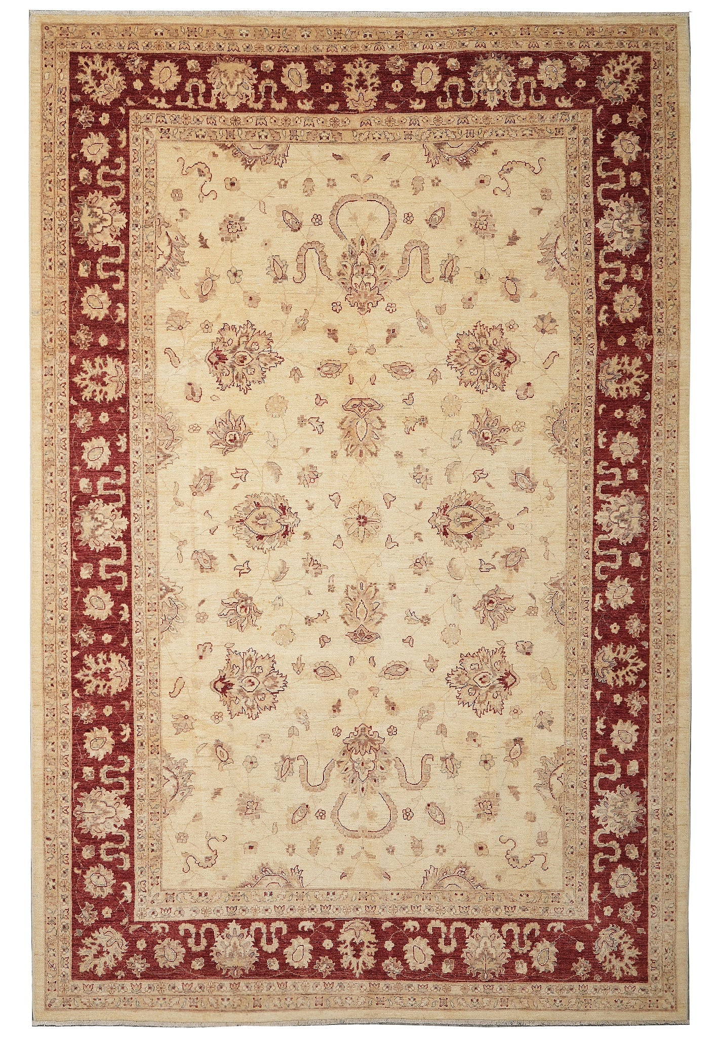 8 x 11.9 Beige Burgundy Hand-Knotted Chobi Peshawar Zigler Rug: 8 x 11.9 Beige Burgundy Hand-Knotted Chobi Peshawar Zigler Rug Free continental US Shipping Hand-knotted Chobi Peshawar Zigler rug with an all-over floral vine pattern, combining traditional craftsman