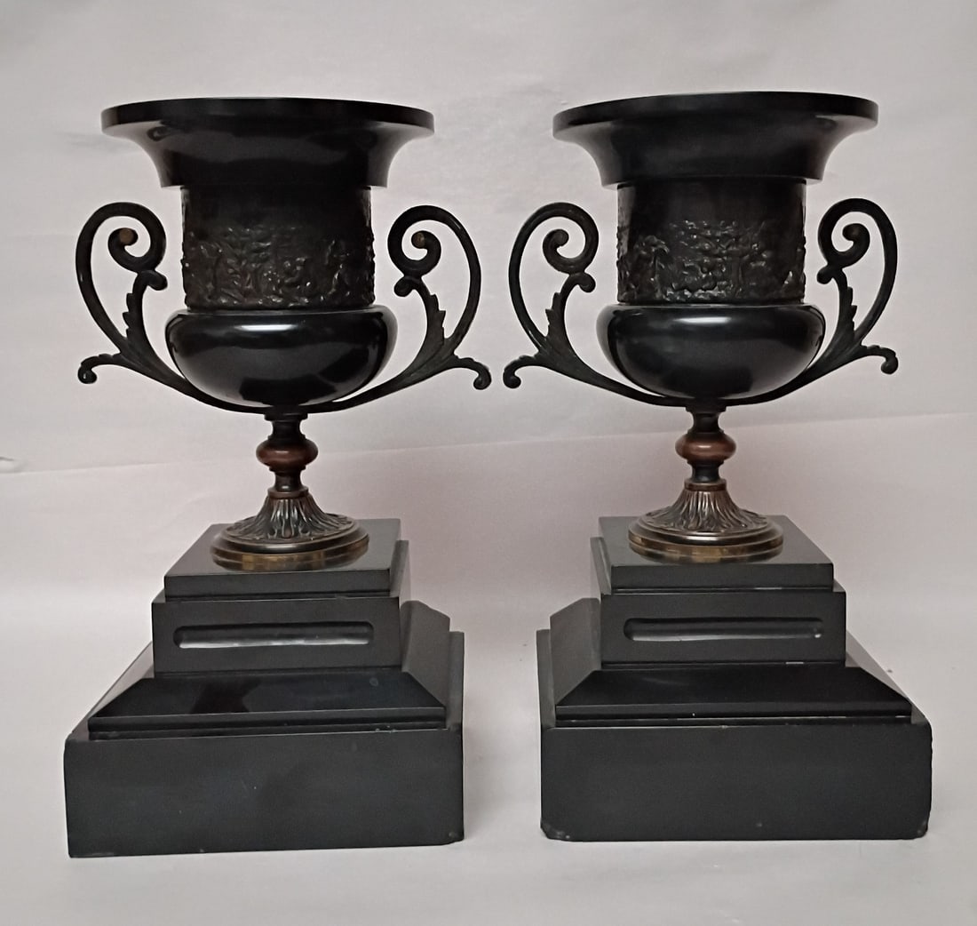 Pair of 10 inch Victorian bronze mounted slate garniture urns (1 of 18)
